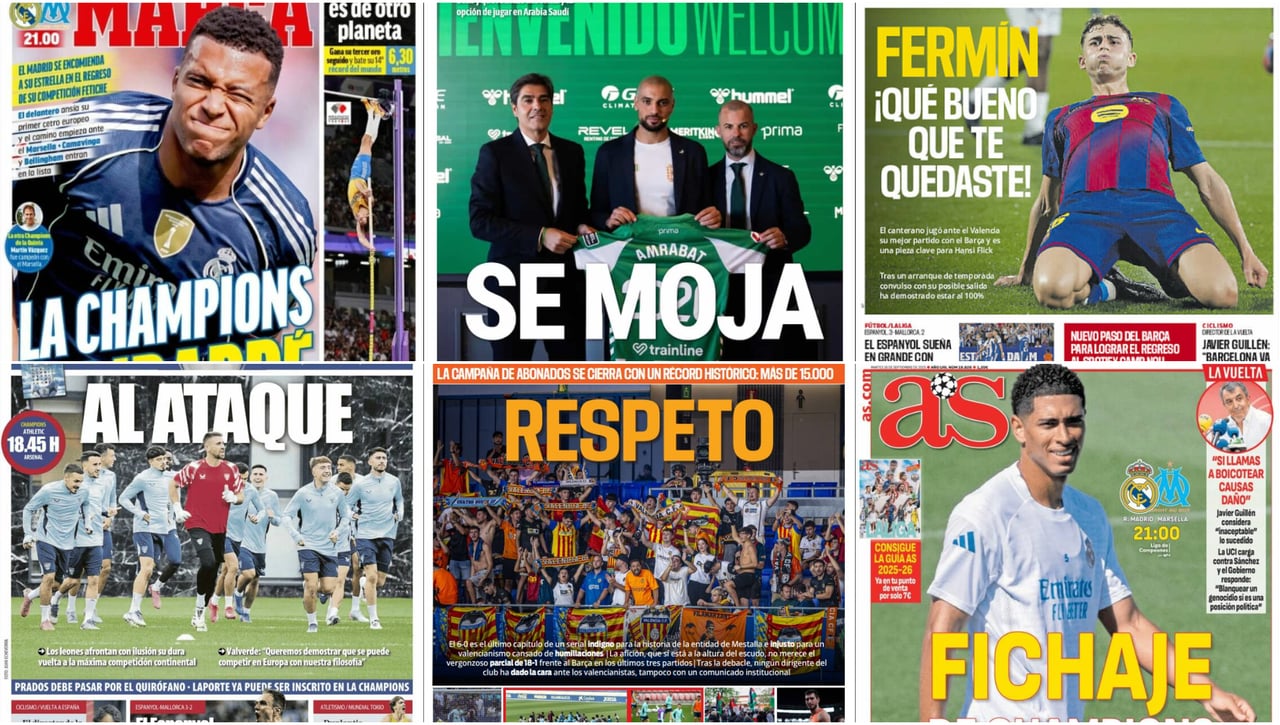 El regreso de la Champions, el 'derbi' por Amrabat, indignación en Valencia... así vienen las portadas