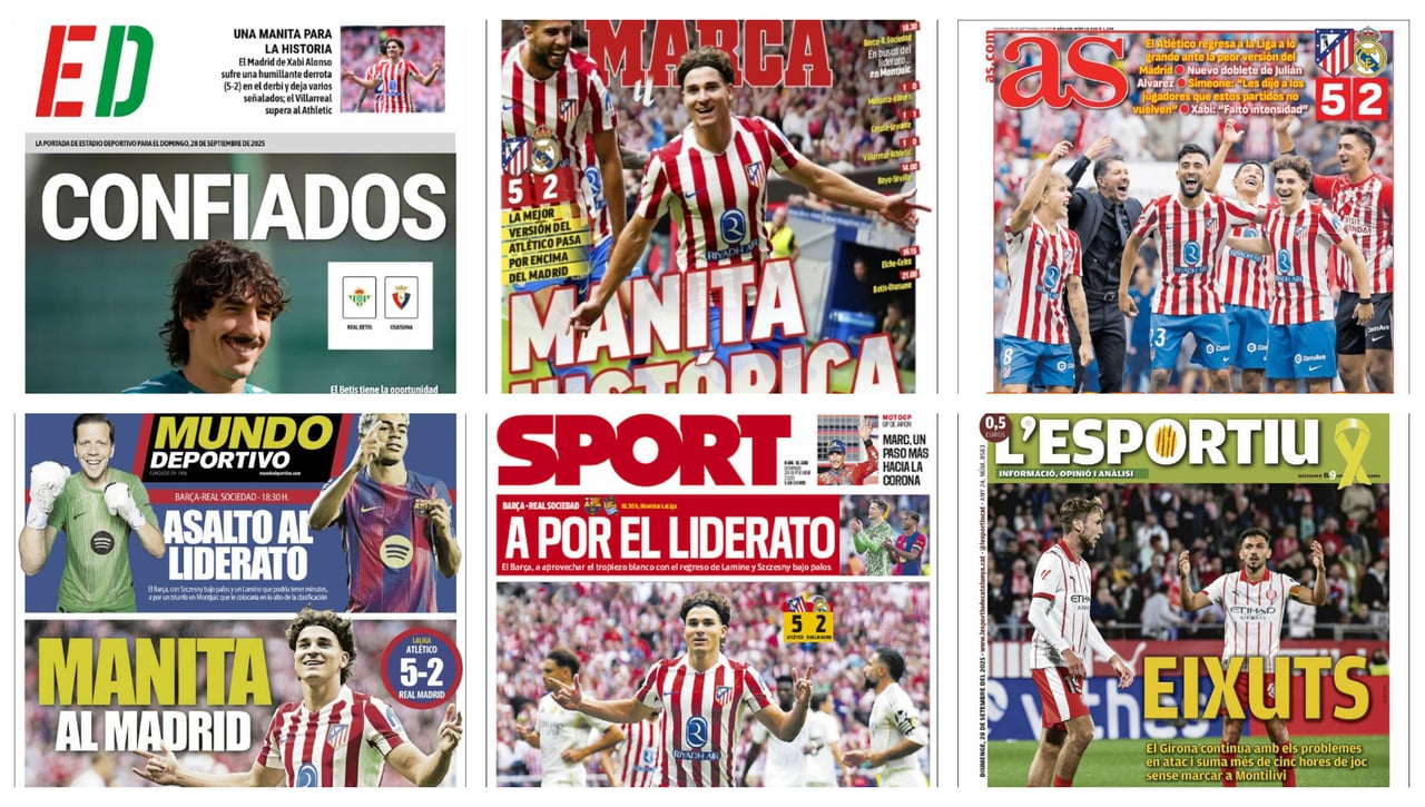 La manita del Atleti al Real Madrid, la posibilidad de recuperar el liderato del Barça y los triunfos del ciclismo femenino… Así vienen las portadas deportivas