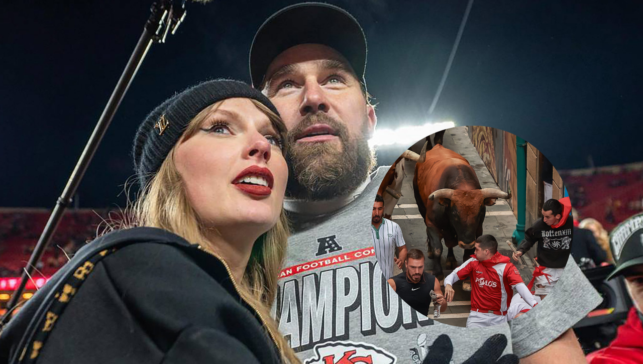 Travis Kelce, su hermano y Taylor Swift, en los encierros de San Fermín