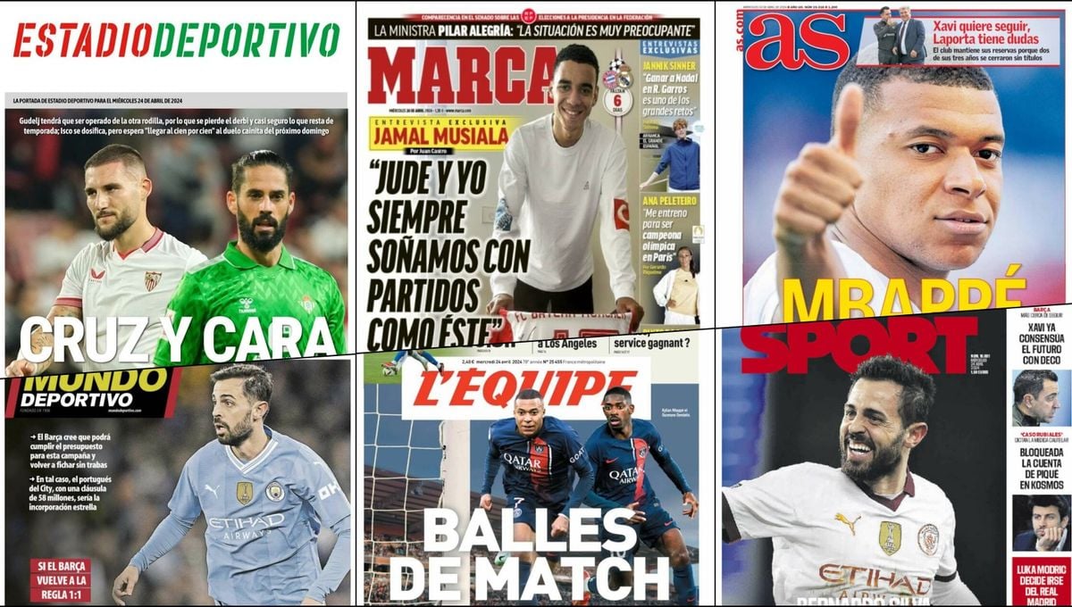 'Cruz y cara' para el derbi, Mbappé se pronuncia, suena Bernardo Silva, un Arsenal espectacular... portadas del miércoles 24 de abril de 2024