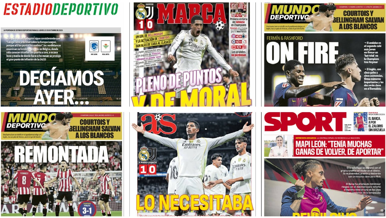 Las victorias del Real Madrid y el Athletic en la Champions, el estado de forma del Barcelona antes del ‘Clásico’ y la jornada europea… Así vienen las portadas