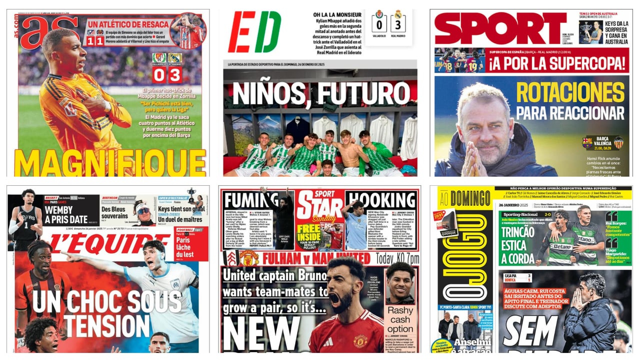 Las portadas deportivas del domingo 26 de enero: El pimer hat-trick de Mbappé, la Supercopa de fútbol femenino y la cantera verdiblanca