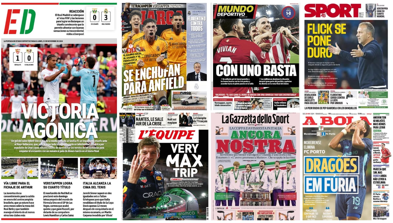 Agónico Sevilla, opción en el Betis, Valverde, Sancet, Verstappen, Copa Davis... portadas del lunes 25 de noviembre de 2024 
