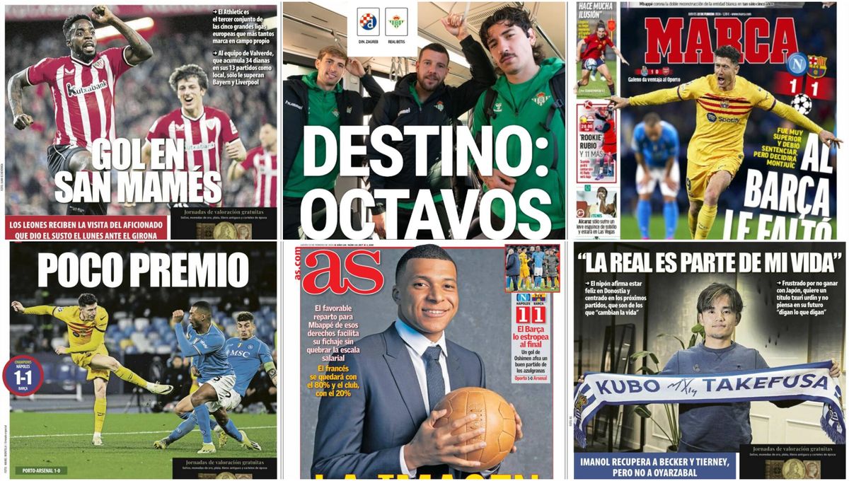 La 'final' europea del Betis, el tropiezo del Barça, Mbappé, Isaac Romero... así vienen las portadas del 22 de febrero