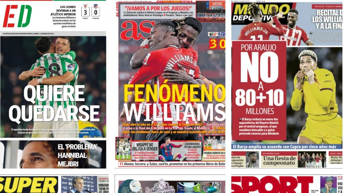 El Athletic a la final de Copa, Guido Rodríguez o Araújo, así vienen las portadas del 1 de marzo
