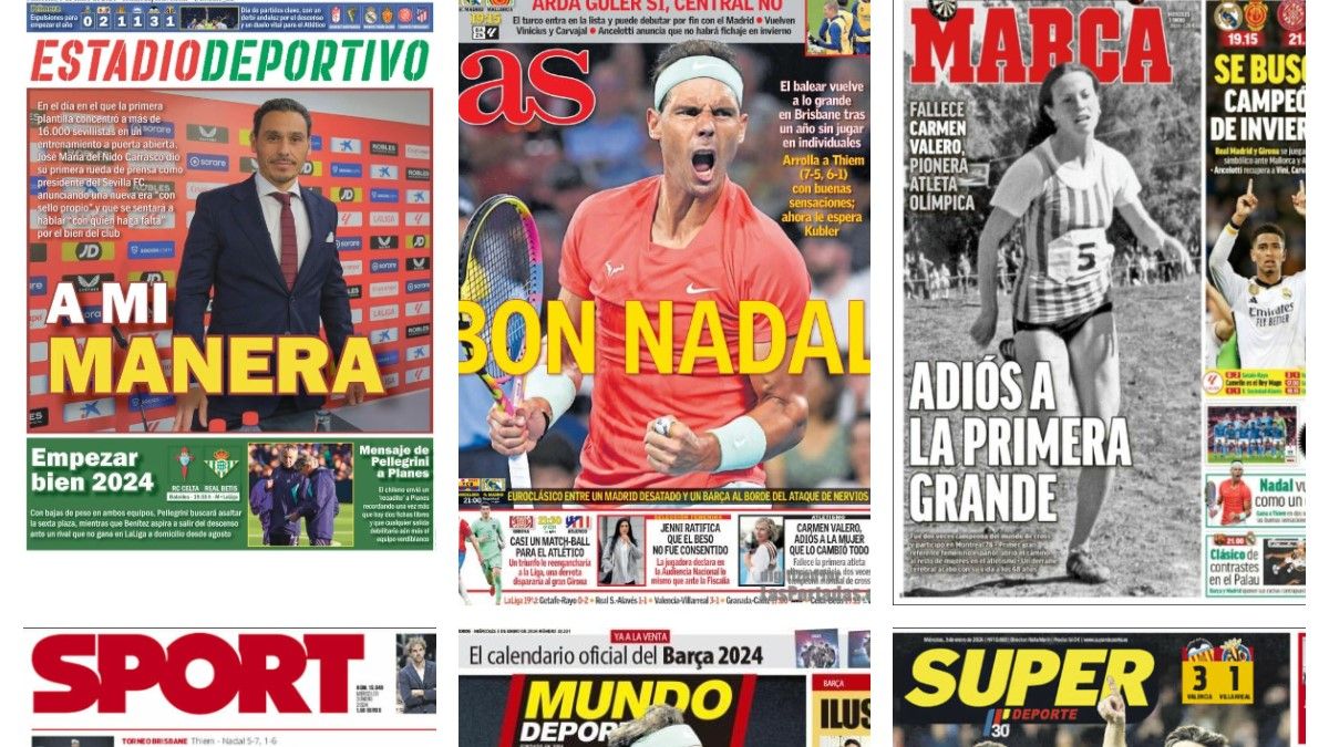 La vuelta de Rafa Nadal, Del Nido Carrasco presidente, el regreso de LaLiga... así vienen las portadas del miércoles 3 de enero de 2024