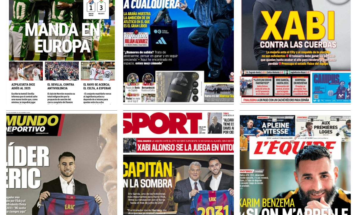 La victoria del Real Betis en Europa, el puesto en peligro de Xabi Alonso, la renovación de Eric García... así vienen las portadas