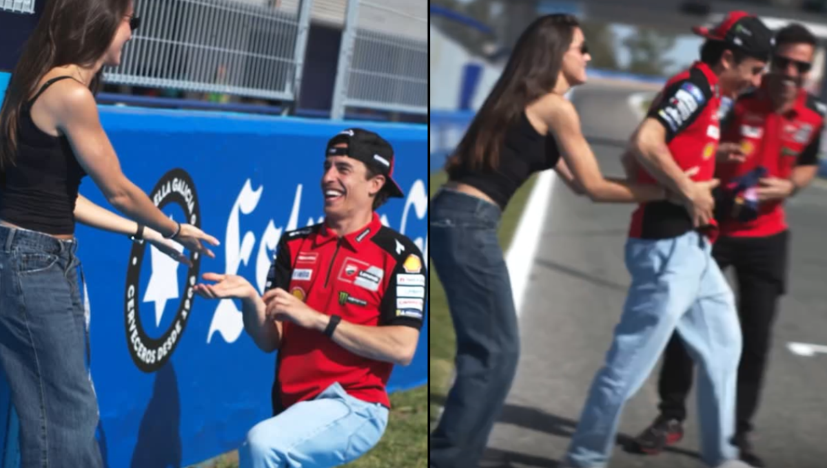 Marc Márquez hinca rodilla y su novia reacciona a patadas