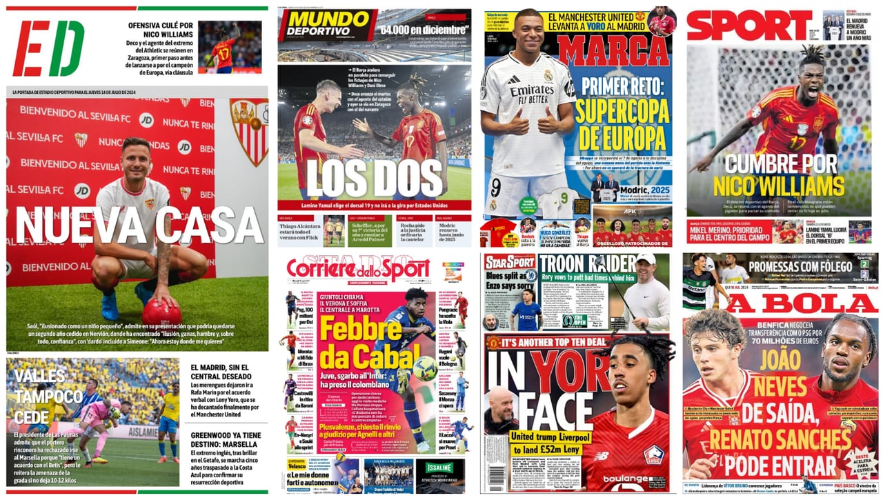 Nico Williams, Dani Olmo, Saúl Ñíguez, Álvaro Valles, Mbappé, En-Nesyri, Mikel Merino, Yoro... portadas del jueves 18 de julio de 2024  