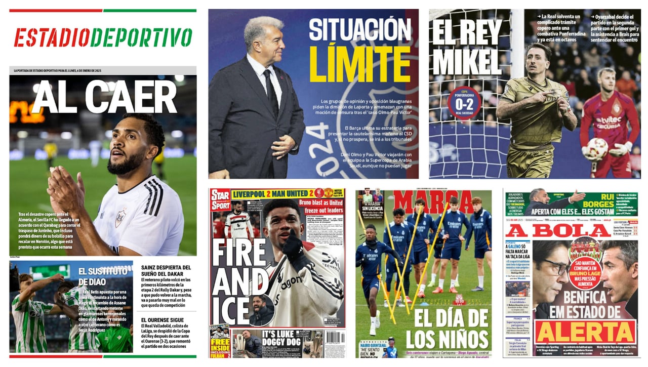 Al caer, fichaje en Sevilla y salida del Betis; Laporta, Oyarzabal, Carlos Sainz, 'baby' Madrid... portadas del lunes 6 de enero de 2025 