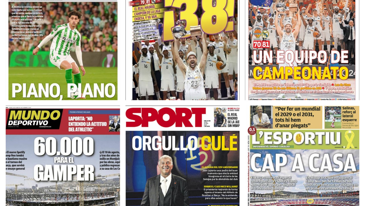La 38ª Liga del Real Madrid, el fichaje de Johnny Cardoso y la salida de Nico Williams: así vienen las portadas