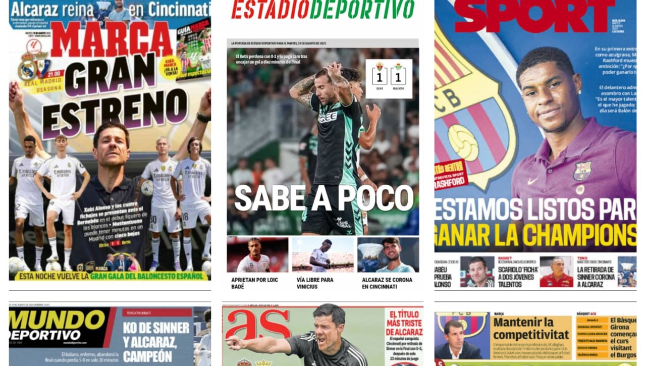 El tropiezo del Betis ante el Elche, el estreno del Real Madrid, el Barcelona y la Champions League... Así vienen las portadas