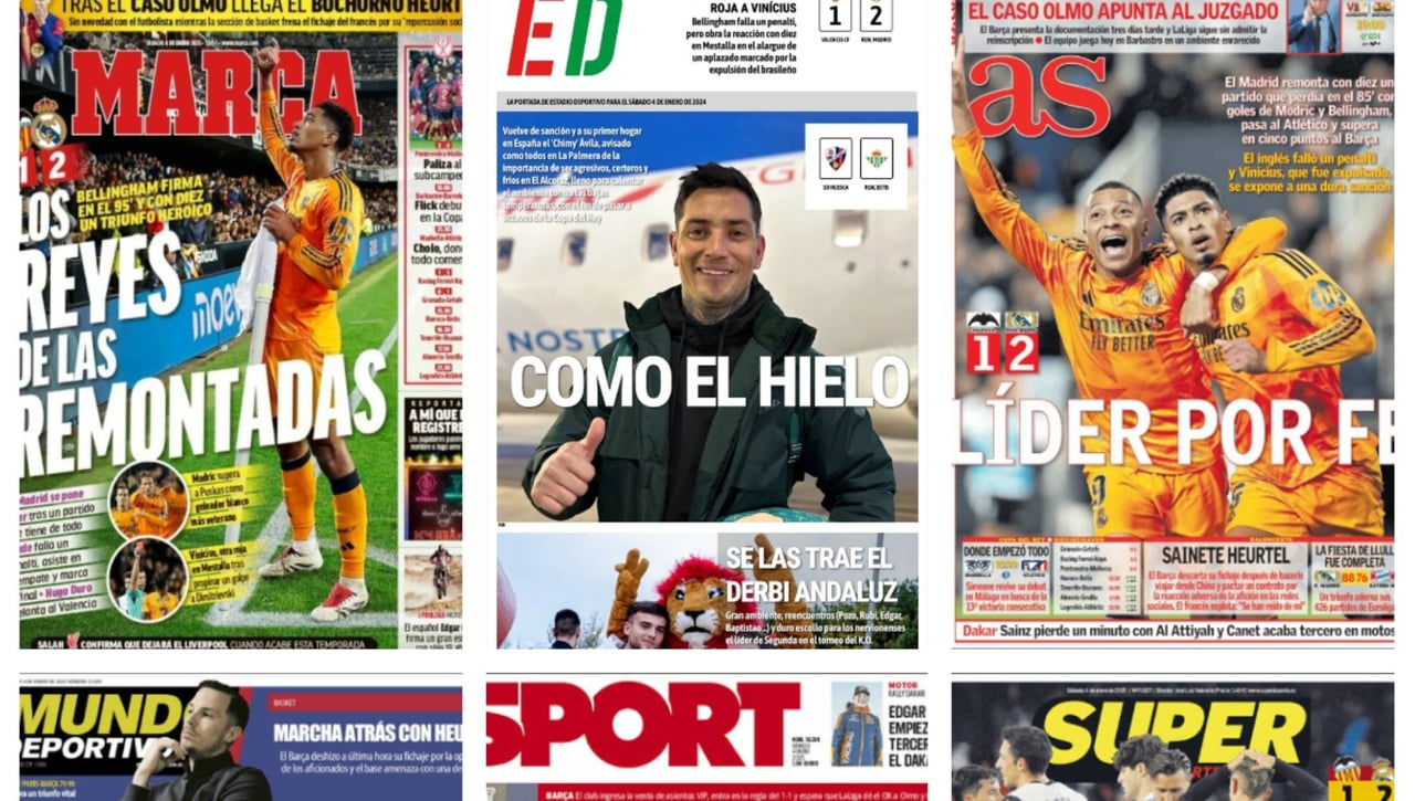 El Real Madrid remonta con Vinícius enloquecido y expulsado, el Betis se la juega ante el Huesca, novedades en el caso Dani Olmo... Así vienen las portadas del 4 de enero de 2025