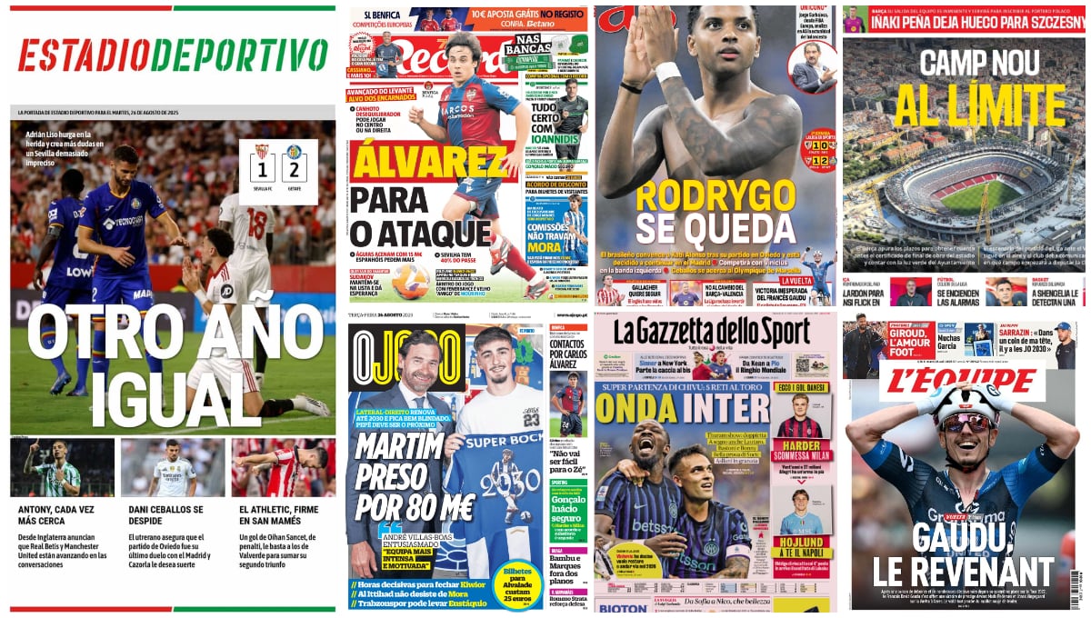 El Sevilla toca fondo, Antony se acerca, oferta por Carlos Álvarez, Rodrygo, Camp Nou... las portadas del martes 26 de agosto de 2025 