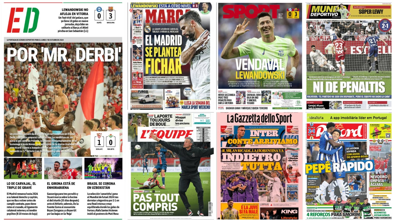 El derbi de Navas, el fichaje del Real Madrid, Lewandowski, Gazzaniga, De Gea... portadas del lunes 7 de octubre de 2024 