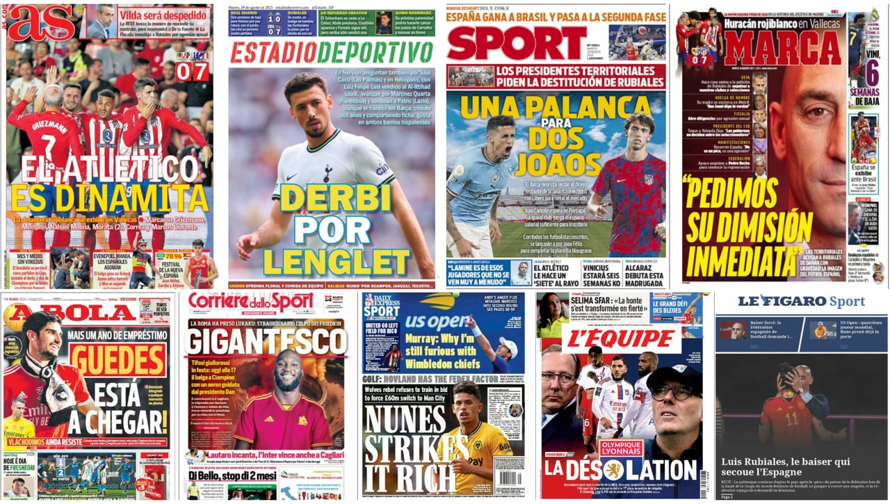 Derbi sevillano por Lenglet, esperpento Rubiales, un '7', K.O. Vinícius, los dos Joaos... portadas del 29 de agosto 