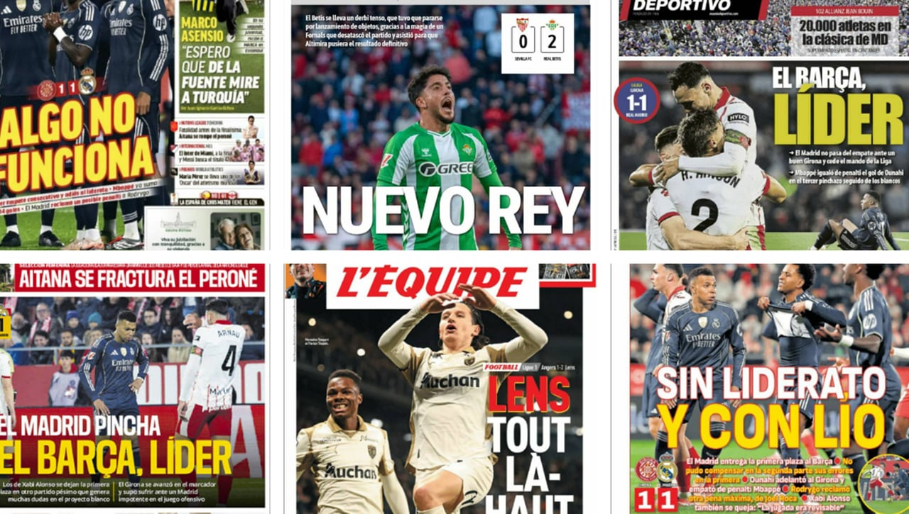 El triunfo del Betis y la suspensión del derbi, el pinchazo del Real Madrid y el liderato del Barça: así vienen las portadas de hoy  