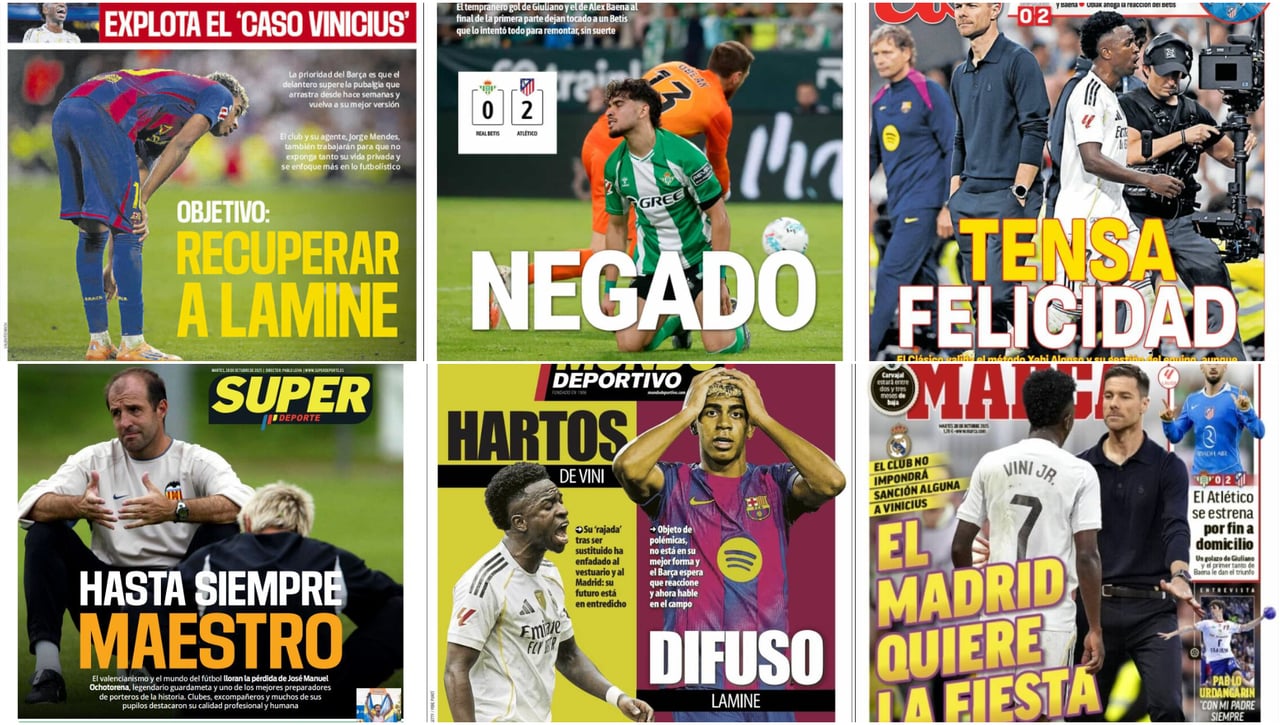 El 'caso Vinicius', el bajón de Lamine Yamal, el tropiezo del Betis, el recuerdo a Ochotorena... Así vienen las portadas