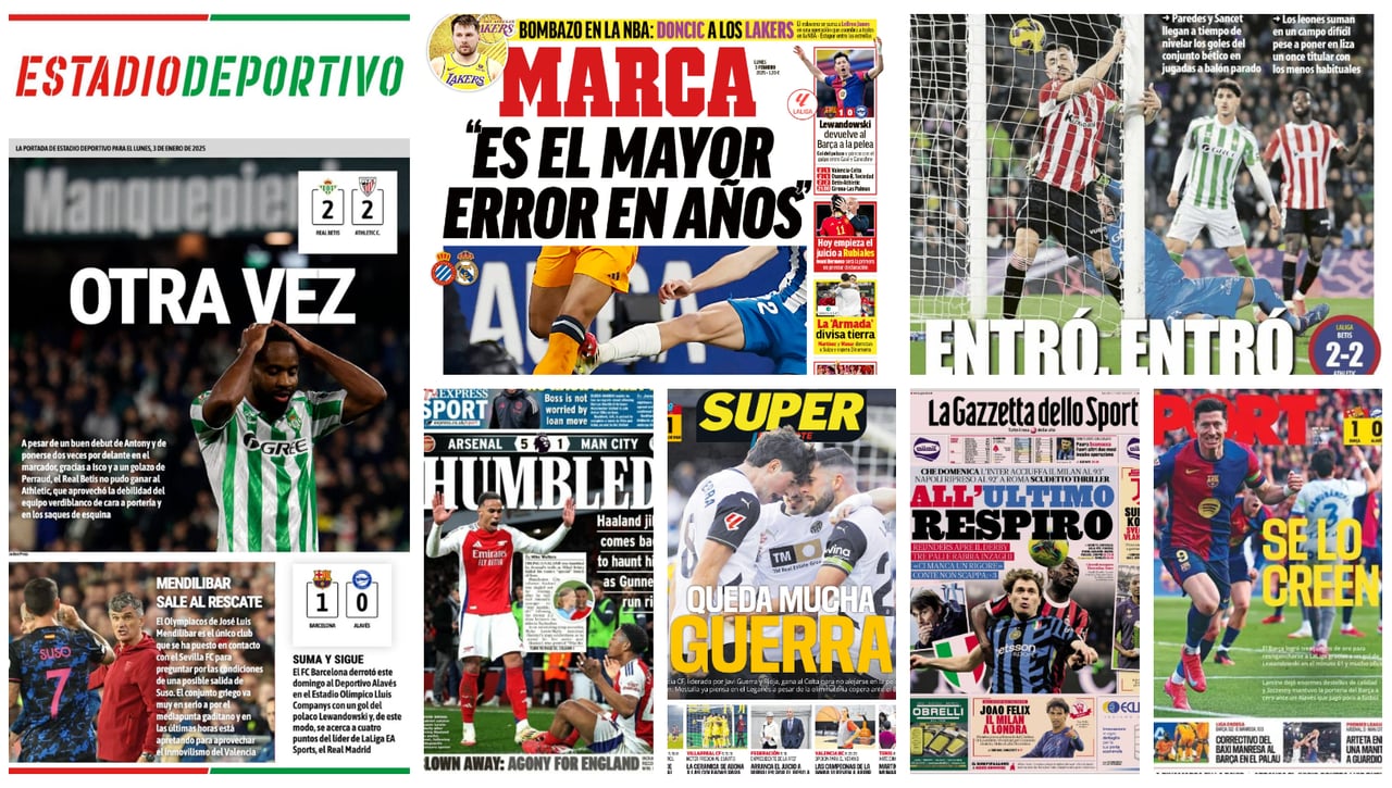 Penalti-córner al Betis, Mendilibar y Suso, Mercado de fichajes, Doncic, polémica Real... portadas del lunes 3 de febrero 2025
