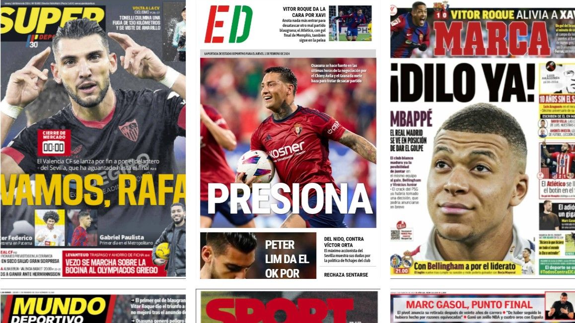 Rafa Mir, Mbappé, Chimy Ávila o el agitado cierre del mercado... así vienen las portadas del 1 de febrero