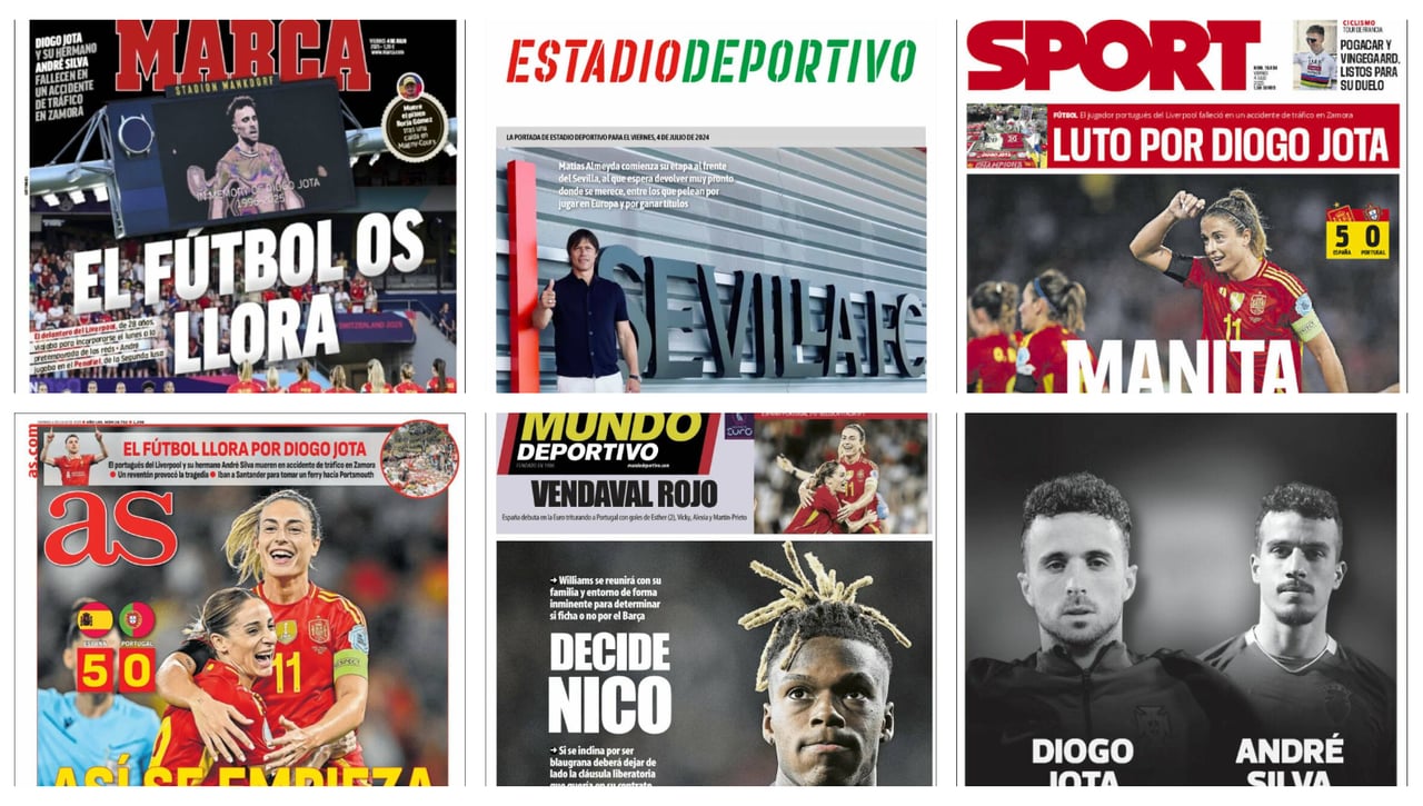 El fallecimiento de Diego Jota, la goleada de España, el fichaje de Nico Williams... Así vienen las portadas