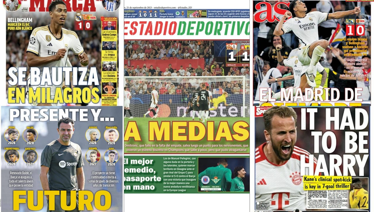 Bellingham se bautiza en milagros, el Sevilla se queda a medias, el Betis busca el remedio... Así vienen las portadas