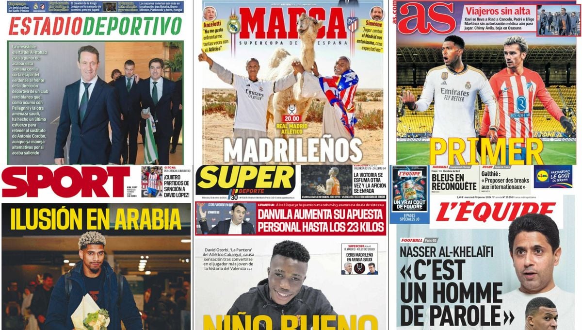 Derbi madrileño en Supercopa, Mbappé, el futuro de Planes, el mercado del Sevilla... Así vienen las portadas el miércoles 10 de enero del 2024